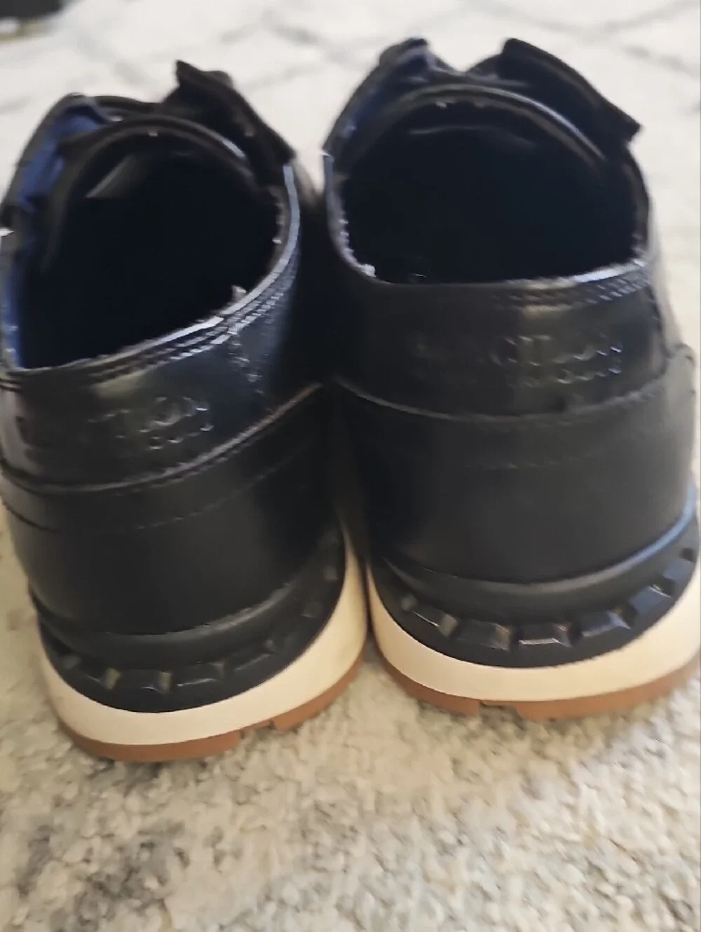 Boys Kenneth Cole Black Leather Like Derby with Tan Outsole